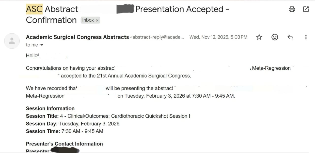 Acceptance letter — ASC 2026, Cardiothoracic Quickshot (identity redacted)