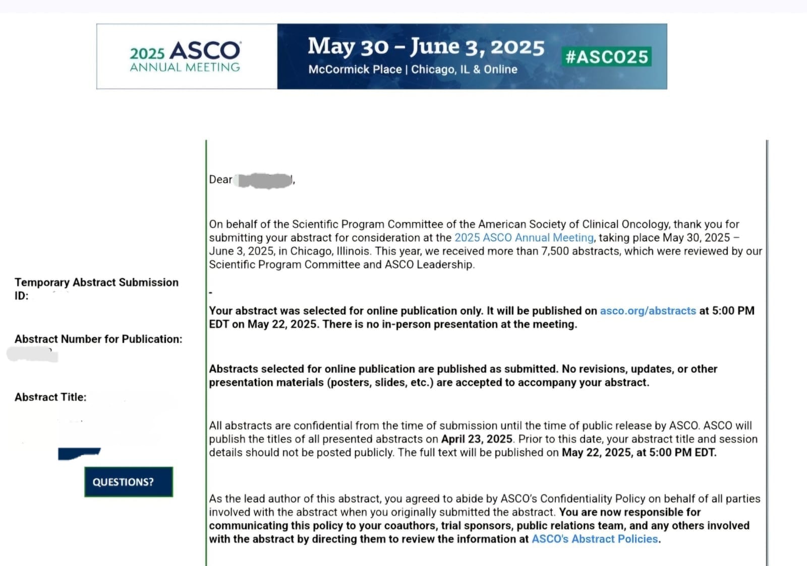Acceptance letter — ASCO 2025, Chicago (identity redacted)
