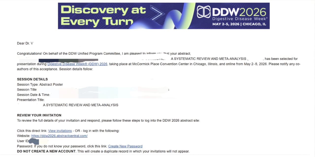 Acceptance letter — DDW 2026 (identity redacted)