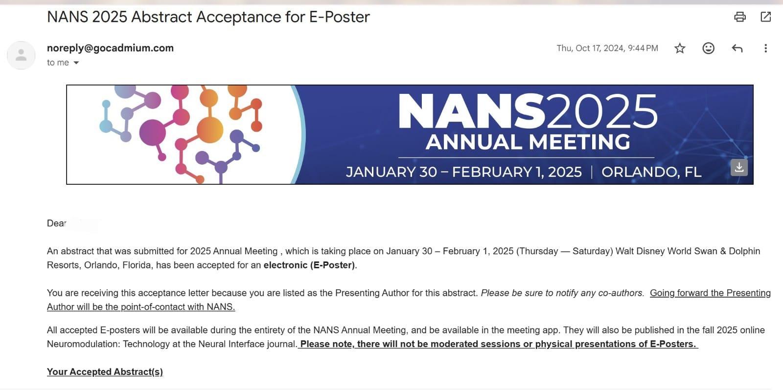 Acceptance letter — NANS 2025, Orlando (identity redacted)