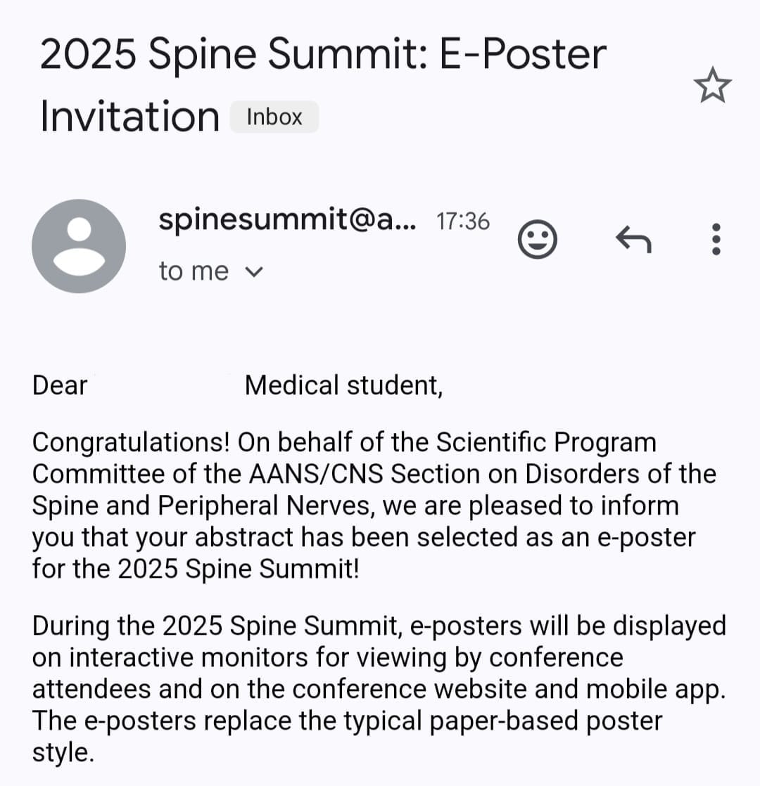 Acceptance letter — Spine Summit 2025, AANS/CNS (identity redacted)